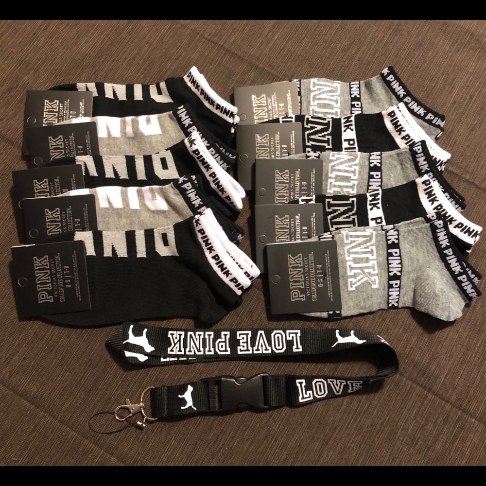 💕Pink VS 10 Pairs Socks & Lanyard 💕💕